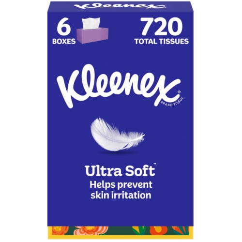 Kleenex Ultra Soft Facial Tissues, 6 Flat Boxes, 120 Tissues per Box, 3-Ply (720 Total Tissues) - Flat