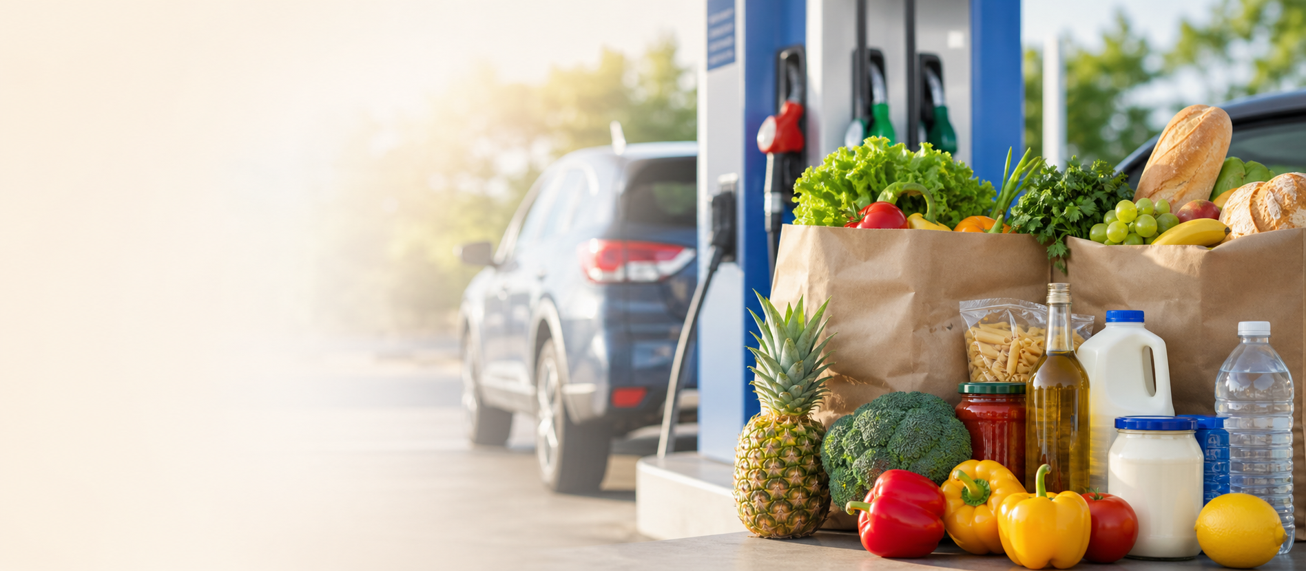 AI-generated fuel rewards banner with grocery bags near a fuel pump